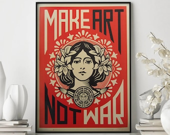 Pôster vintage "Faça arte, não guerra", impressão de arte retrô.