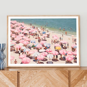 Vintage Beach Poster Print, Abstract Coastal Art, Girly Apartment Decor, Pink Wall Art, Beach Wall Art, Girl Room Decor, Umbrella on beach
