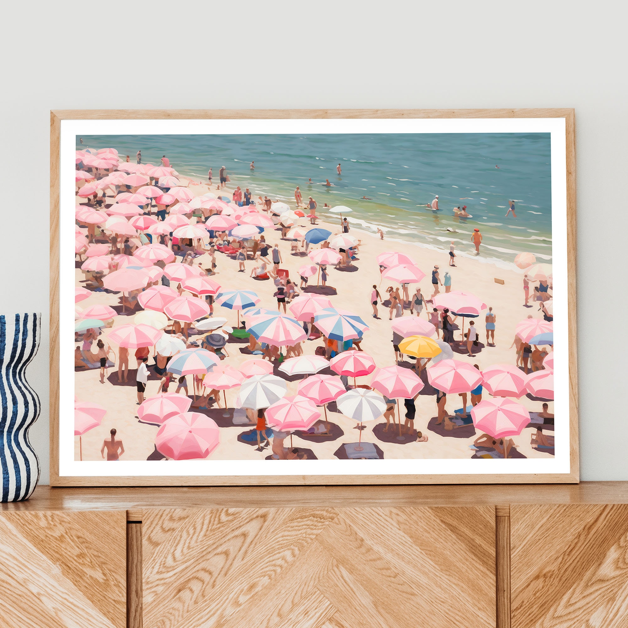 Vintage Beach Poster Print, Abstract Coastal Art, Girly Apartment Decor, Pink Wall Art, Beach Wall Art, Girl Room Decor, Umbrella on beach