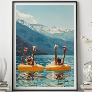 Women Drinking on Lake Print, Funny Picnic, Vintage Wall Art