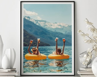 Women Drinking on Lake Print, Funny Picnic, Vintage Wall Art