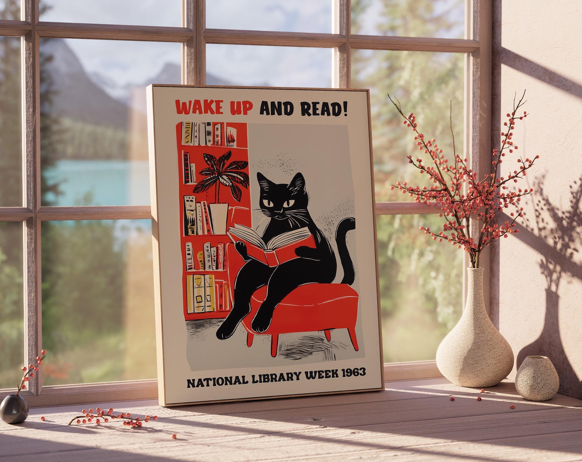 Cat Reading Poster, Wake Up and Read, National Library Wall Art, Cute Cat Print, Wall Decor, Reading Art Print