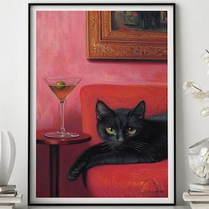Schwarze Katze Martini Kunstdruck, wunderliche Cocktail Wandkunst, schrullige Bar Warenkorb Dekoration, elegante Katzenliebhaber Geschenk, lustige Katze Druck, stilvolle Bar Dekor
