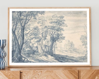 Blue Willow Landscape Print, Vintage Chinoiserie Wall Art
