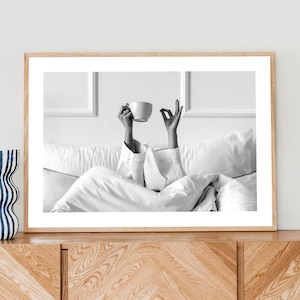 Woman Drinking Coffee in Bed Poster Print, Feminine Poster, Black and White, Coffee Wall Art, Bar Cart Print,Girl Room Decor, Wall Decor