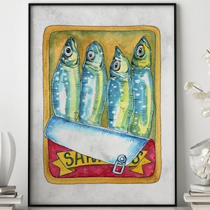 Tinned Sardines Kitchen Poster, Retro Food Art, Vintage Print
