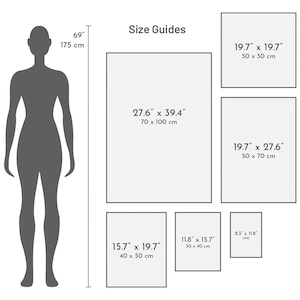 May include: Size guide for art prints with measurements in inches and centimeters. The guide shows a person standing next to different sized prints, including 8.3 x 11.8 inches, 11.8 x 15.7 inches, 15.7 x 19.7 inches, 19.7 x 19.7 inches, 19.7 x 27.6 inches, and 27.6 x 39.4 inches.