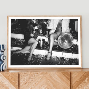 Girls Night Out, Disco ball, Woman with Champagne, Party Girls, Champagne Print, Alcohol Art, Feminist Print, Girl Room Decor, Nightlife