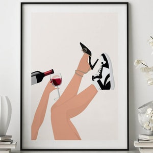 Vrouw drinkt wijn elegante stedelijke, alcohol kunst aan de muur, bar kar decor, tiener meisje buiten kunst, afdrukbare feministische poster, Wall Art Print