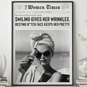 Trendiger Zeitungsdruck, Mädchen im Wohnheim, Kunst, Mädchen, die Spaß haben, Schwarzweißdruck, Barwagenkunst, trendige Wandkunst, Mädchenwohnheimdekor