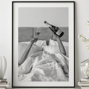 Woman Drinking Wine in Bed Poster Print, Feminist Poster, Black and White, Alcohol Wall Art, Bar Cart Print,Girl Room Decor, Wall Decor