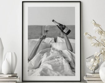 Woman Drinking Wine in Bed Poster Print, Feminist Poster, Black and White, Alcohol Wall Art, Bar Cart Print,Girl Room Decor, Wall Decor