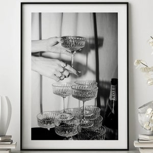 Champagne Glasses Poster, Bar Cart Art, Bar Pub Black and White Wall Art, Vintage Print, Photography Prints, Wall Decor, Wall Art