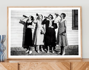 Women Drinking Beer Art Print, Funny Bar Wall Decor, Vintage Black and White