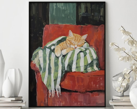 Sleeping Cat Art Print, Red Armchair, Cozy Home Decor