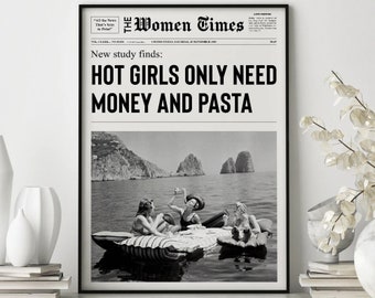 Pasta Art Print, Newspaper Print, Girl Dorm Room Art, Girls Having Fun Print, Black and White Print, Bar Cart Art, Fashion Print #4