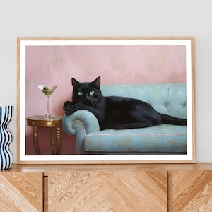 Impresión artística de martini con gato negro, arte mural de cócteles extravagantes, decoración peculiar para carrito de bar, regalo elegante para amantes de los gatos, impresión divertida de gato, decoración elegante para bar