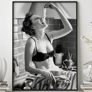 Póster de mujer espagueti, póster de pasta, amante de la pasta, arte de pasta italiana, arte de cocina, fotografía de mujer, arte en blanco y negro
