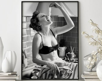 Spaghetti-Frau-Poster, Pasta-Moment-Poster, Pasta-Liebhaber, italienische Pasta-Kunst, Küchenkunst, Frauenfotografie, Schwarz-Weiß-Kunst