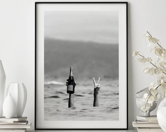 Woman with Champagne on Beach Poster, Bar Print, Wine Print, Alcohol Art, Feminist Print Decor, Girl Room Decor, Wall Decor, Beach Print