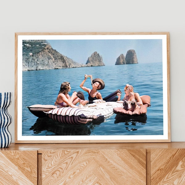 Vrouwen eten pasta op het meer, vintage kunst aan de muur, grappige kunst, pasta picknick op het meer, picknick op het meer, kunstposter, kunstprint #3