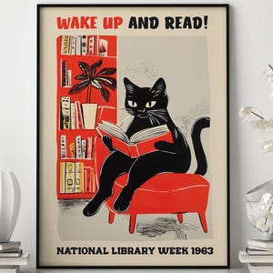 Poster di gatto che legge, svegliati e leggi, arte murale della Biblioteca nazionale, stampa di un gatto carino, decorazione murale, stampa artistica di lettura