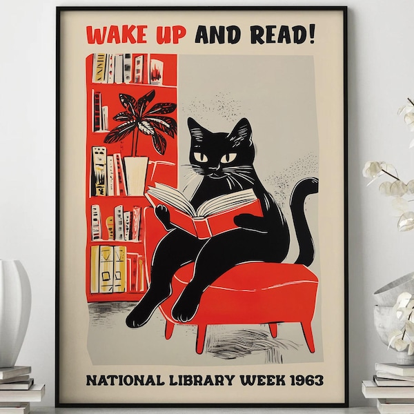 Cat Reading Poster, National Library Wall Art
