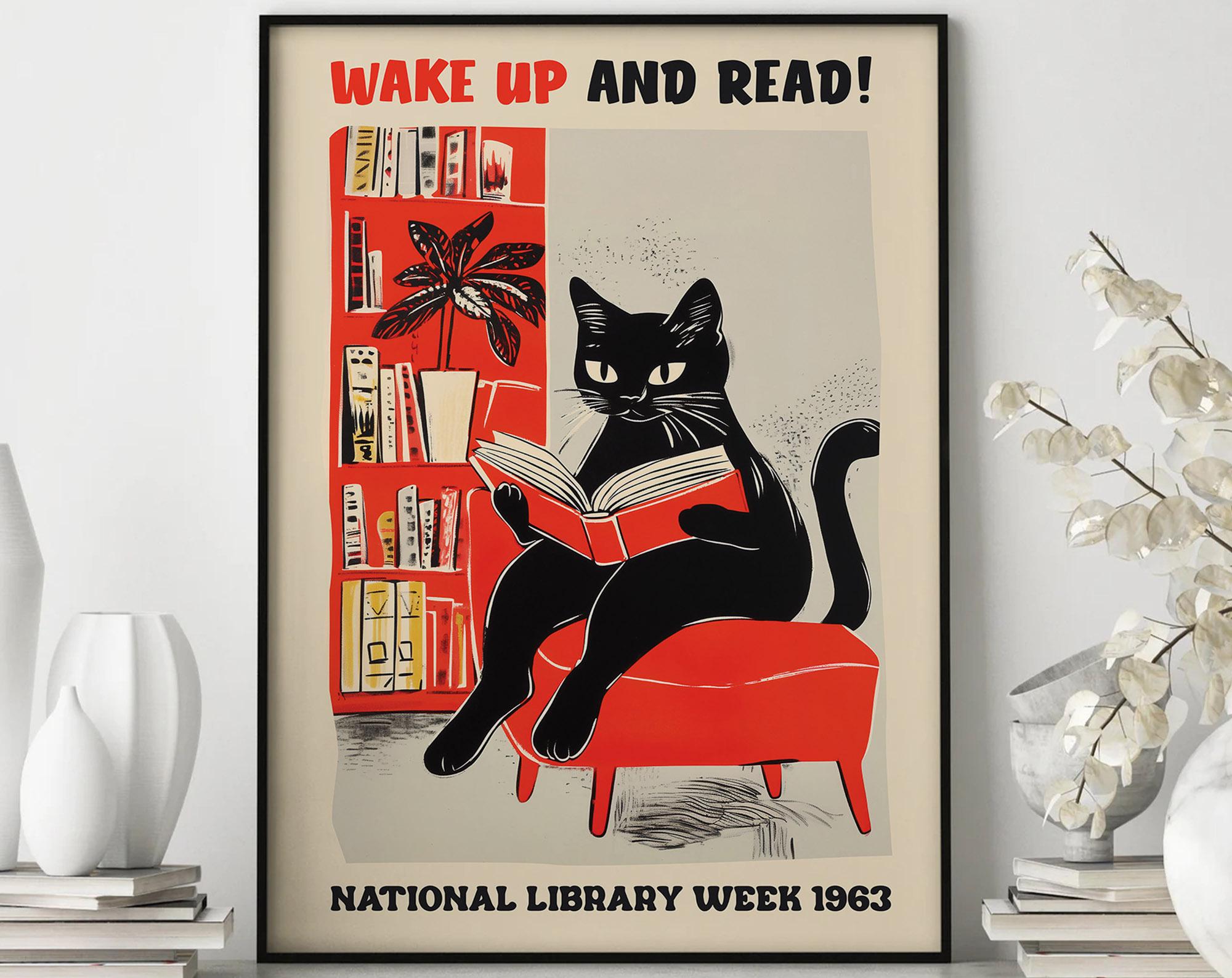 Cat Reading Poster, Wake Up and Read, National Library Wall Art, Cute Cat Print, Wall Decor, Reading Art Print