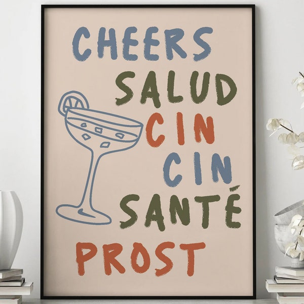 Cheers print, Salud Print, Cin Print, Santé Print, Prost Print, Cheers Sign, Bar Cart Wall Decor, Cheers Wall Art, Bar Cart Art