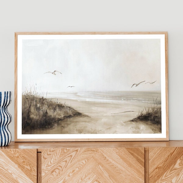 Minimalist Beach Poster, Ocean Painting, Pastel Tones Print, Minimalist Wall Art, Landscape Painting, Neutral Wall Art
