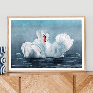 Swan Print Poster, Swan Art, Blue and white, Magical animal art, Swan Print, Wall Decor, Swan Love Print