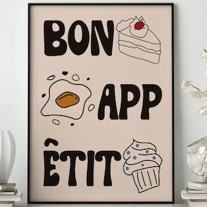 Bon Appetit Poster, Kitchen Print, Typography Print, French Quote Poster, Kitchen Wall Art, Maximalist Kitchen Print, Trendy Print