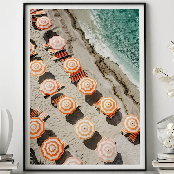Orange Beach Umbrellas Print, Beach Umbrella Printable, French Riviera Art Print, Aerial Beach Art, Seaside Print, Summer Print