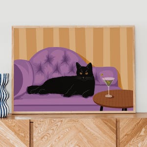 Black cat art print, Retro cat poster, Vintage style wall decor, Mid century modern feline, Cocktail lounge artwork