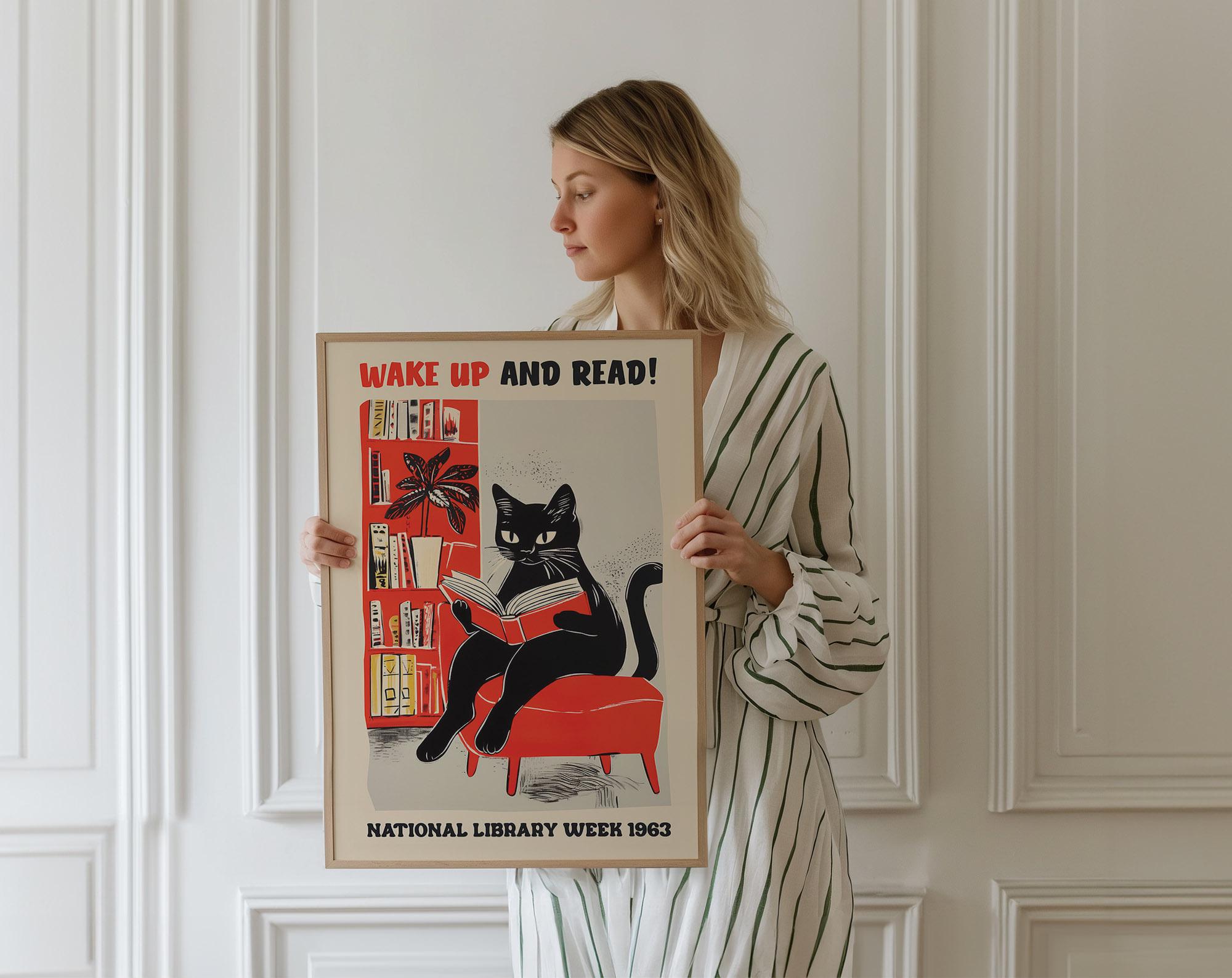 Cat Reading Poster, Wake Up and Read, National Library Wall Art, Cute Cat Print, Wall Decor, Reading Art Print