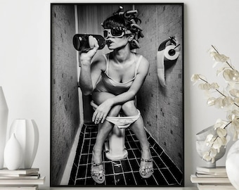 Girl on the toilet Drinking, Toilet prints, Photograph, printable wall art, Poster Print, Wall Art