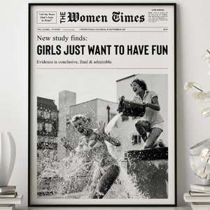 Newspaper Print, Girl Dorm Room Art, Girls Having Fun Print, Black and White Print, Bar Cart Art, Trendy Wall Art