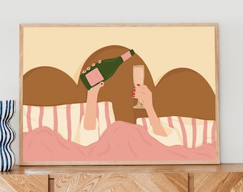 Woman Drinking Wine in Bed Framed Poster, Feminist Wall Art