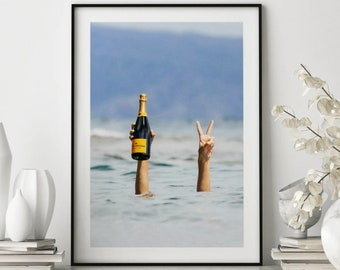 Woman with Champagne on Beach Poster, Bar Print, Wine Print, Alcohol Art, Feminist Print Decor, Girl Room Decor, Wall Decor, Beach Print