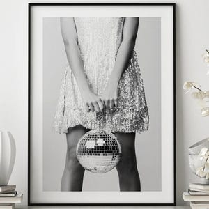 Women With Disco Ball Poster, Black and White Art, Women with Disco Ball, Retro Wall Art, Vintage Disco Art, Funky Home Decor