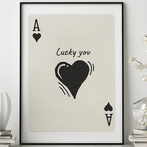 Hartenaas, speelkaart print trendy kunst aan de muur wordt afgedrukt retro barwagen decor poster zwart wit prints trendy afdrukbare kunst esthetiek