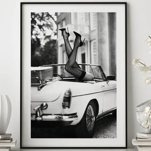 High Heels in Classic Car Poster, Black and White Fashion Photography, Fashion Wall Art Print, Wall Art, Vintage Wall Art, Poster Print