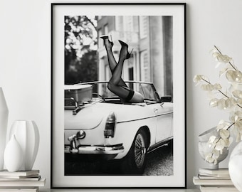 High Heels in Classic Car Poster, Black and White Fashion Photography, Fashion Wall Art Print, Wall Art, Vintage Wall Art, Poster Print
