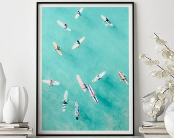 Aerial Surfing Photography Print, Beach Art Poster