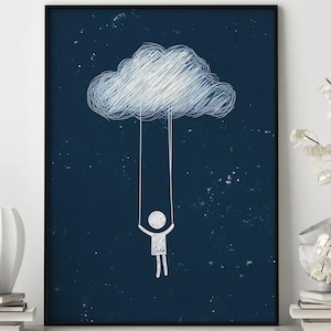 Wolkenschaukeln Druck, Verträumter Druck, Himmel Illustration, Nacht Wandkunst, Wunderliche Dekoration, Minimalistische Kunst, Surreal Druck, Süßes Poster