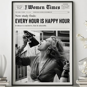 Każda godzina to Happy Hour Print, Sztuka w pokoju w akademiku dla dziewcząt, Dziewczyna pijąca z buta Print, Czarno-biały Print, Sztuka na wózku barowym, Modna sztuka ścienna