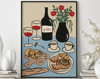 Dinner Table Poster, Vintage Kitchen Poster, Retro Food Art, Food Illustration Art, Gift for Chef, Wall Art Decor, Food Art, Food poster