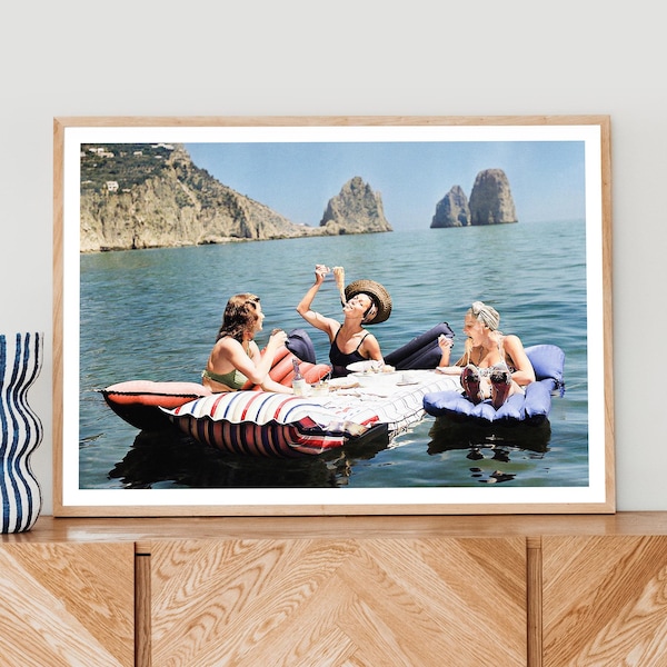 Femmes vintage mangeant des pâtes sur le lac Impression artistique
