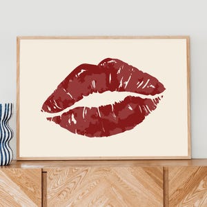 Fashion Poster Kiss Lips Wall Art Trendy Wall Art Beige Wall Art Preppy Dorm Girly, Neutral Wall Art, Beige Art Prints, lipstick kiss Print