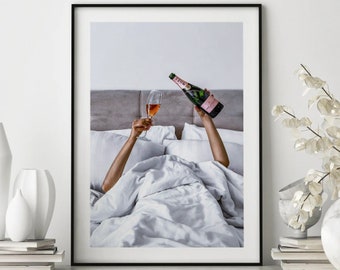 Woman Drinking Wine in Bed Poster Print, Feminist Poster, Alcohol Wall Art, Bar Cart Print,Girl Room Decor, Wall Decor